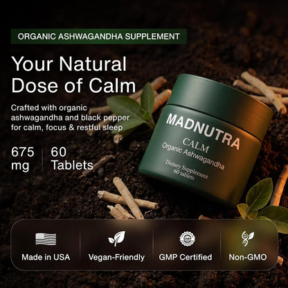 Ashwagandha 675mg - Organic Ashwagandha Supplement for Men & Women - Non-GMO Premium Adaptogen Herbal Supplement for Stress Management Support Restful Sleep Daily Energy & Focus Wellness Tablets