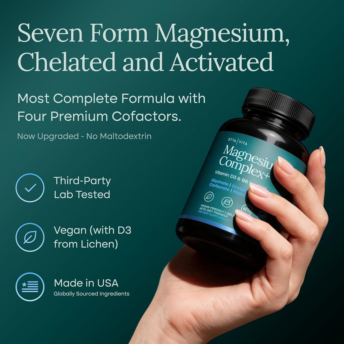 Magnesium Complex for Women & Men 500mg (7-in-1) Magnesium Glycinate with Vegan D3, B6, and Manganese (Made In USA) + Gluconate, Citrate, Malate, Taurate, Orotate, Carbonate (Oxide-Free) Small Capsule