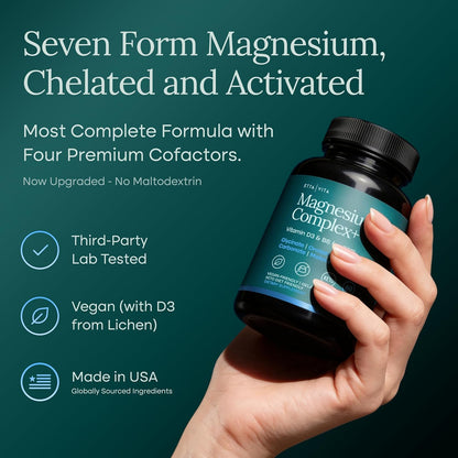 Magnesium Complex for Women & Men 500mg (7-in-1) Magnesium Glycinate with Vegan D3, B6, and Manganese (Made In USA) + Gluconate, Citrate, Malate, Taurate, Orotate, Carbonate (Oxide-Free) Small Capsule