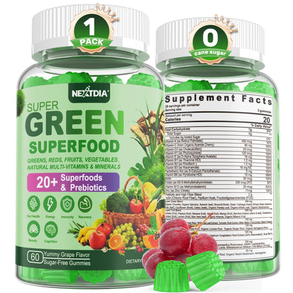 Super Greens Multivitamin Gummies, Greens Superfood Gummies w/Spirulina, Chlorella, Multivitamins, Prebiotic Fiber, Adaptogens, Adults Vitamins for Gut Health, Immunity, Focus & Energy, 120Cts