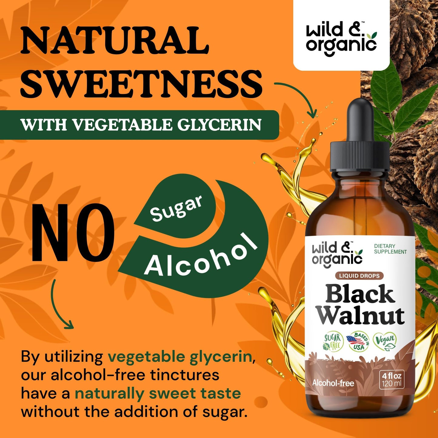Wild & Organic Black Walnut Hull Tincture - Cleanse & Gut Support - Black Walnut Extract Supplement - Fast Absorption Liquid Drops - Add to Tea & Mix with Powder - Without Alcohol & Sugar - 4 fl oz