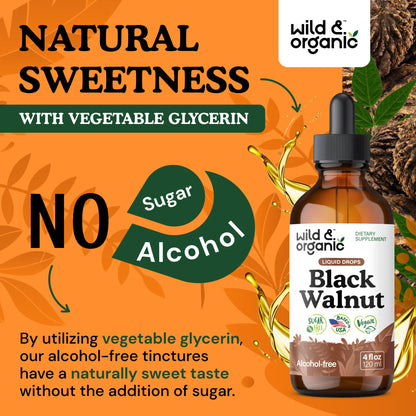 Wild & Organic Black Walnut Hull Tincture - Cleanse & Gut Support - Black Walnut Extract Supplement - Fast Absorption Liquid Drops - Add to Tea & Mix with Powder - Without Alcohol & Sugar - 4 fl oz