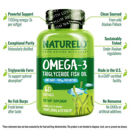 NATURELO Burpless Omega 3 Fish Oil Supplement - 1100mg Triglyceride Omega-3, EPA + DHA, Liquid Fish Oil for Heart, Eye, Brain, Joint Health - 120 Softgels, 4 Months Supply