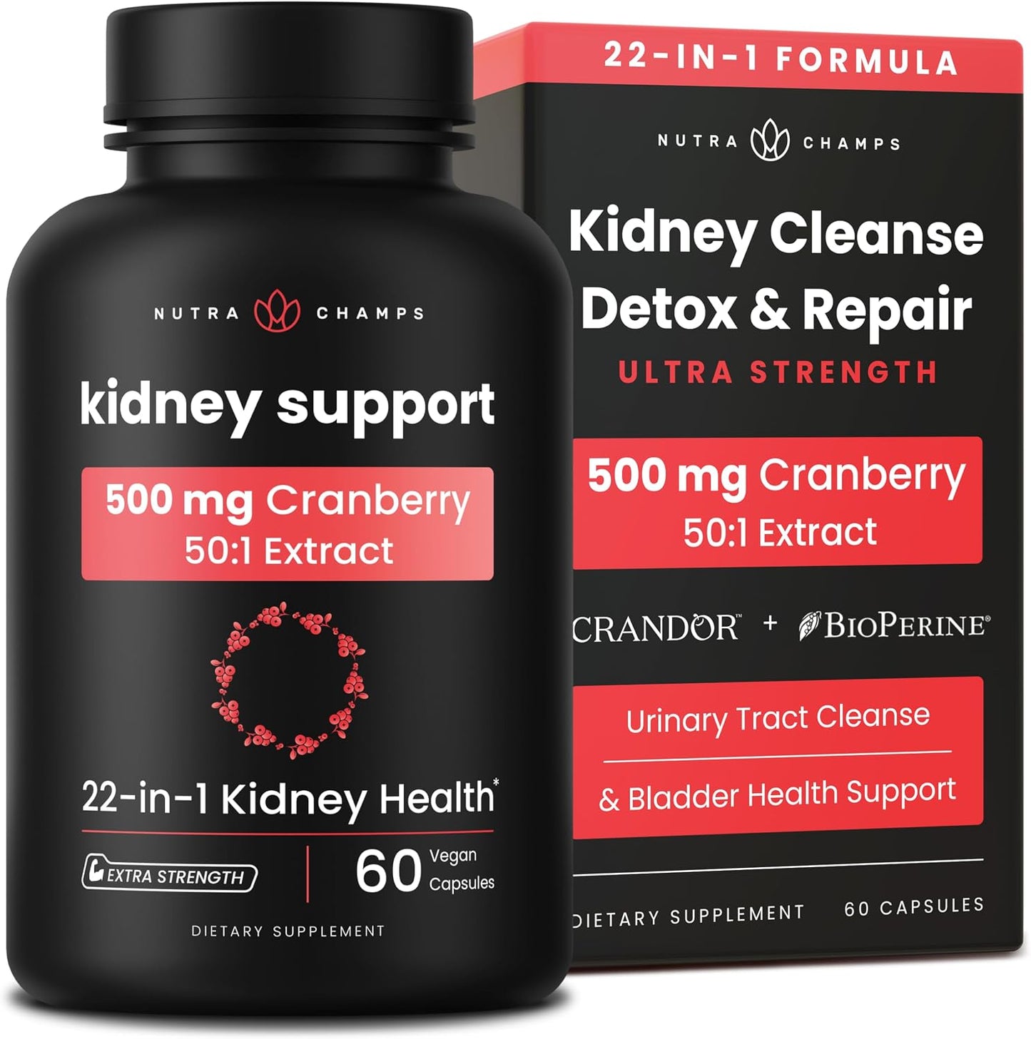 Kidney Cleanse Detox | 22-in-1 Kidney Support Supplement | Cranberry Pills Extract | Extra Strength Repair & Flush Premium Formula | Urinary Tract Health for Women & Men | 60 Vegan Capsules