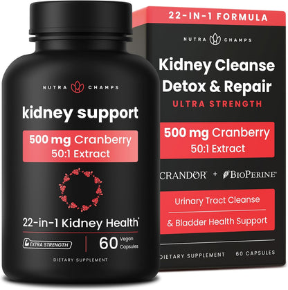 Kidney Cleanse Detox | 22-in-1 Kidney Support Supplement | Cranberry Pills Extract | Extra Strength Repair & Flush Premium Formula | Urinary Tract Health for Women & Men | 60 Vegan Capsules