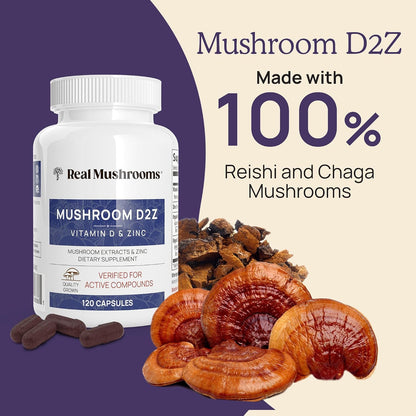 Real Mushrooms Vitamin D2, Zinc, Chaga, Reishi (120ct) and Lion's Mane (120ct) Bundle - Immunity and Cognitive Support, Chelated Zinc for Improved Absorption - Vegan, Gluten Free, Non-GMO