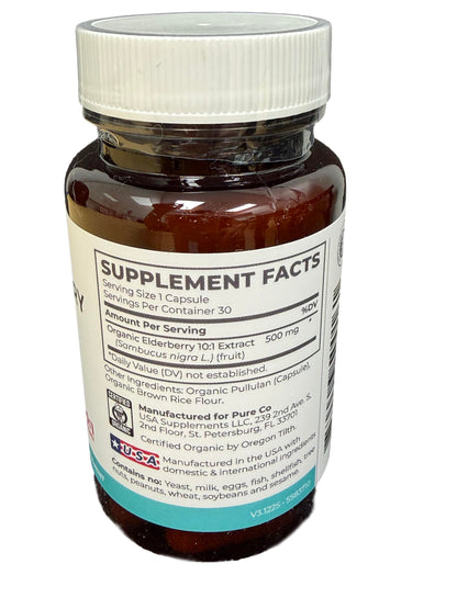 PURE CO Organic Elderberry 10:1 Extract 500mg Per 1 Capsule Serving - Vegan Black Elderberry Supplement for Immune Support, Allergy, Sinus Relief - Sambucus Nigra - 30 Caps