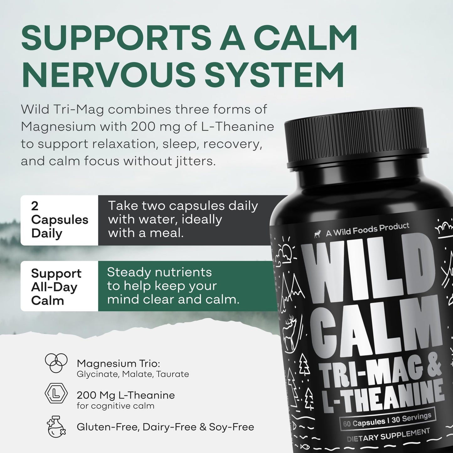 Wild Foods Magnesium Complex Supplement with 7X Forms, 90 Capsules | High Absorption, Full Spectrum, Easy Digestion | 500mg Glycinate, Bisglycinate, Malate, Orotate, Citrate, Taurate