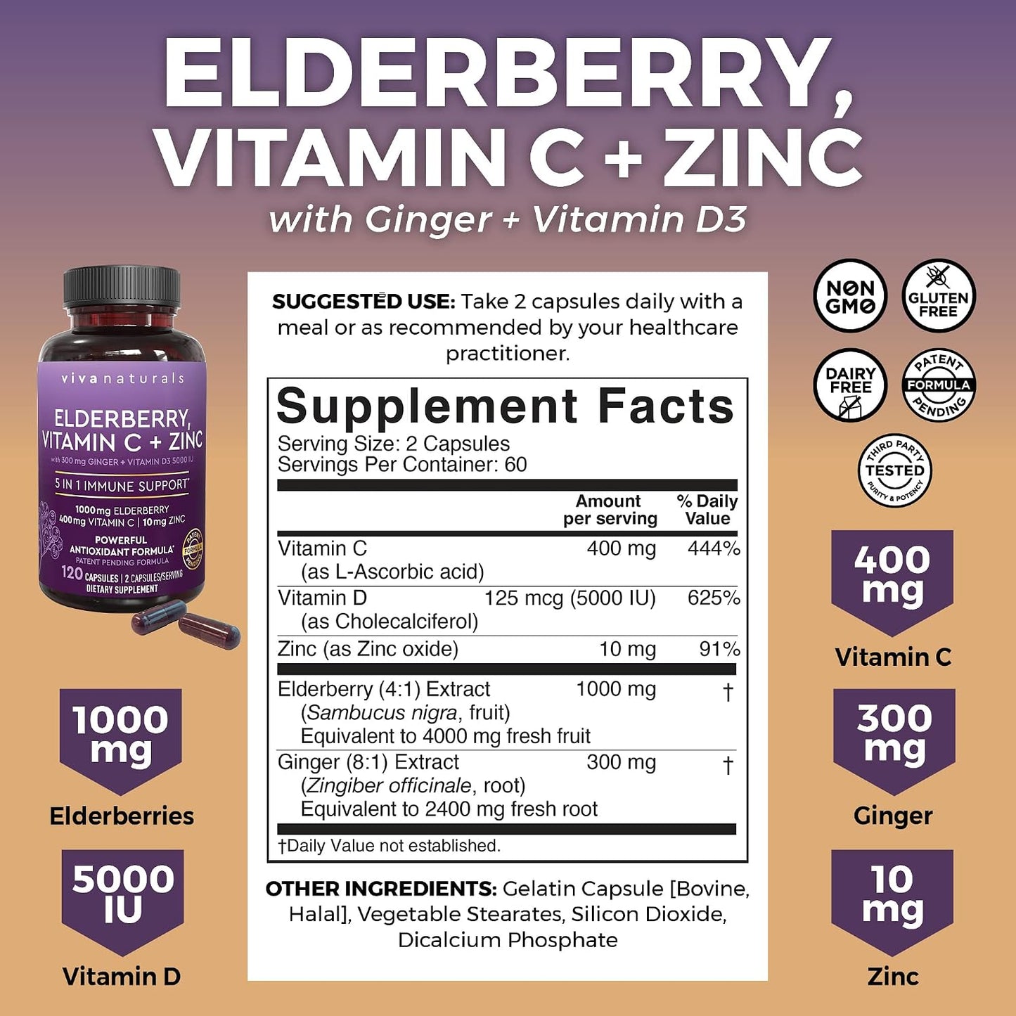 Viva Naturals Organic Turmeric Curcumin Supplement with Black Pepper and Ginger and Elderberry, Vitamin C, Zinc and Vitamin D3 5000 IU Bundle for Joint, Immune Support, Heart, Digestive Health