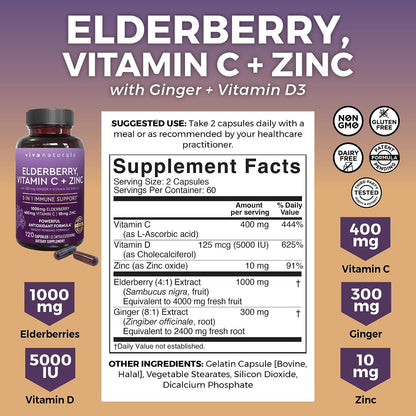 Viva Naturals Organic Turmeric Curcumin Supplement with Black Pepper and Ginger and Elderberry, Vitamin C, Zinc and Vitamin D3 5000 IU Bundle for Joint, Immune Support, Heart, Digestive Health