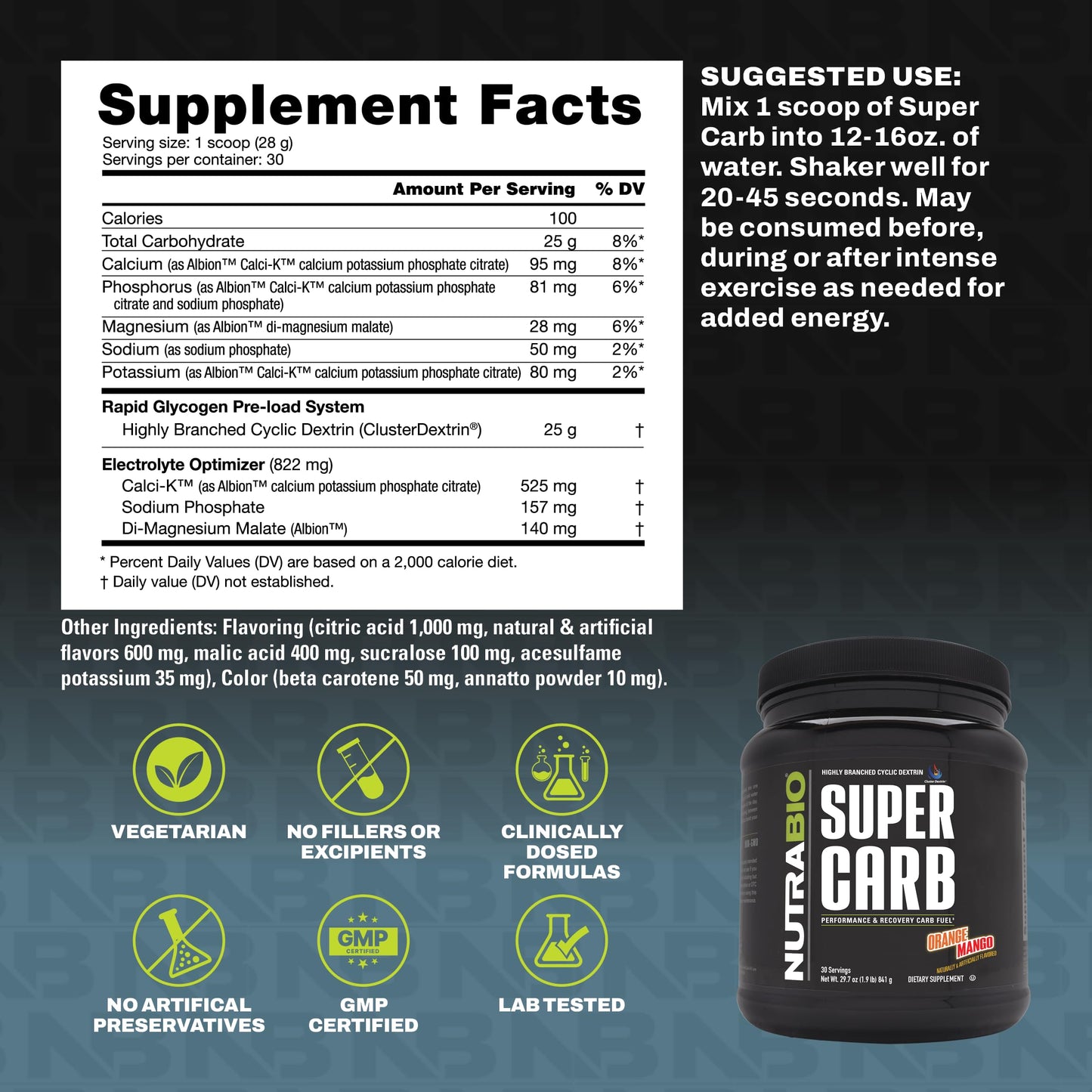 NutraBio Super Carb, Carbohydrate Powder with Cluster Dextrin & Electrolytes, Advanced Carb Supplement Powder for Workout Fuel, Performance, and Muscle Recovery, Cyclic Dextrin, Unflavored, 30 Sv