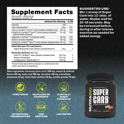 NutraBio Super Carb, Carbohydrate Powder with Cluster Dextrin & Electrolytes, Advanced Carb Supplement Powder for Workout Fuel, Performance, and Muscle Recovery, Cyclic Dextrin, Unflavored, 30 Sv