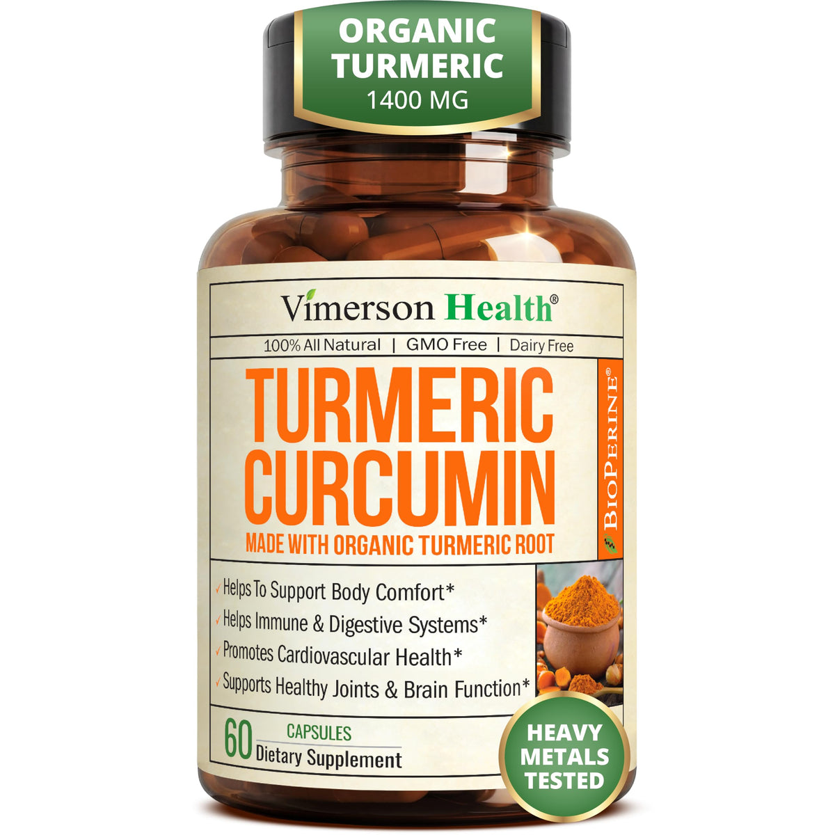 Turmeric Curcumin Supplement – 1200mg Organic Turmeric + BioPerine. 60 Caps