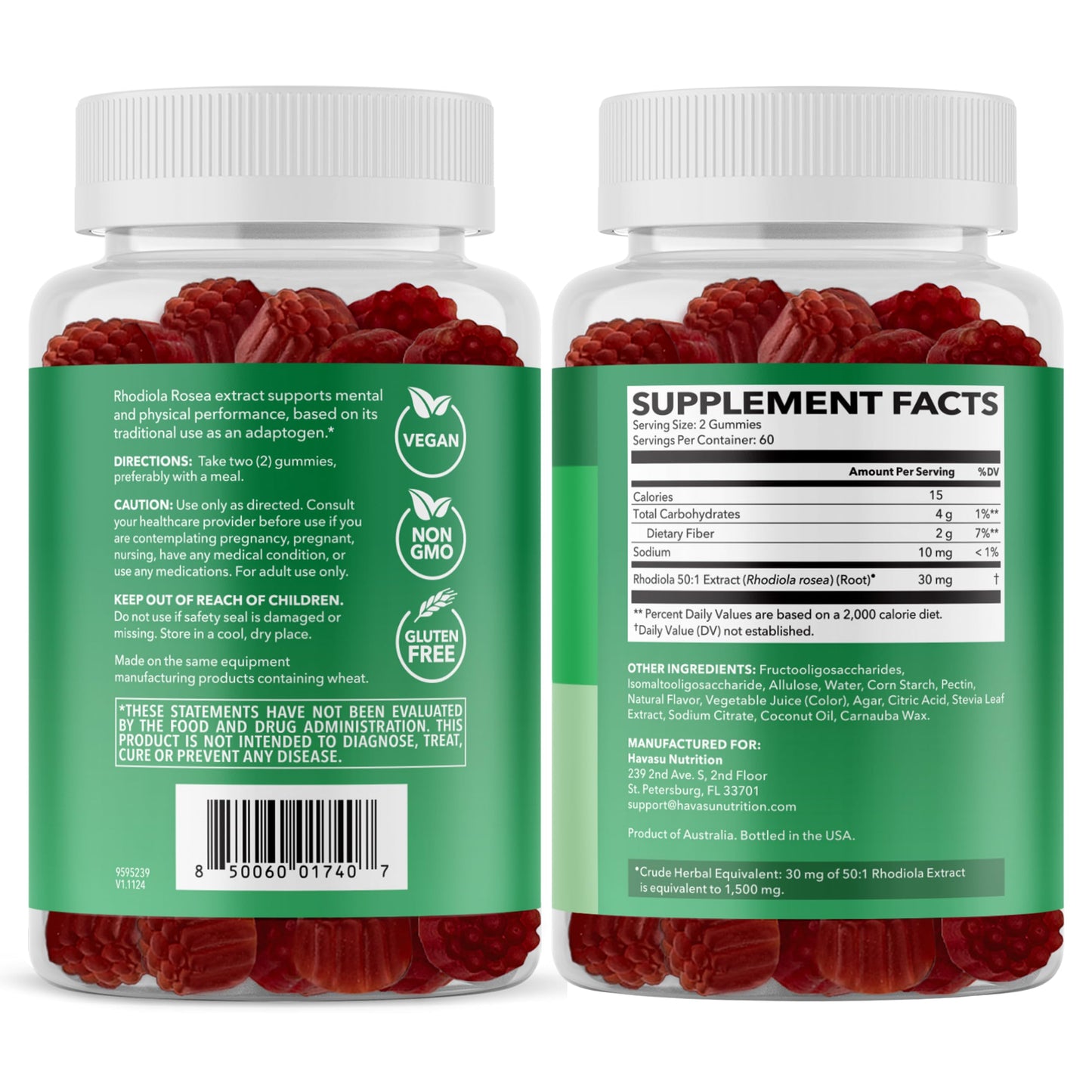 Rhodiola Rosea Gummies, Sugar Free Rhodiola Supplement, 30 Servings | Herbal Adaptogen for Mental Clarity and Performance, 60 Count, Vegan and Gluten-Free, Mixed Berry Flavor, 1-Month Supply