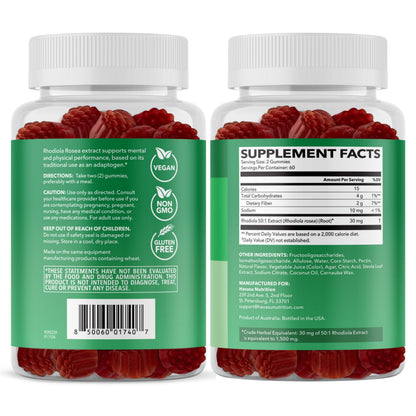 Rhodiola Rosea Gummies, Sugar Free Rhodiola Supplement, 30 Servings | Herbal Adaptogen for Mental Clarity and Performance, 60 Count, Vegan and Gluten-Free, Mixed Berry Flavor, 1-Month Supply