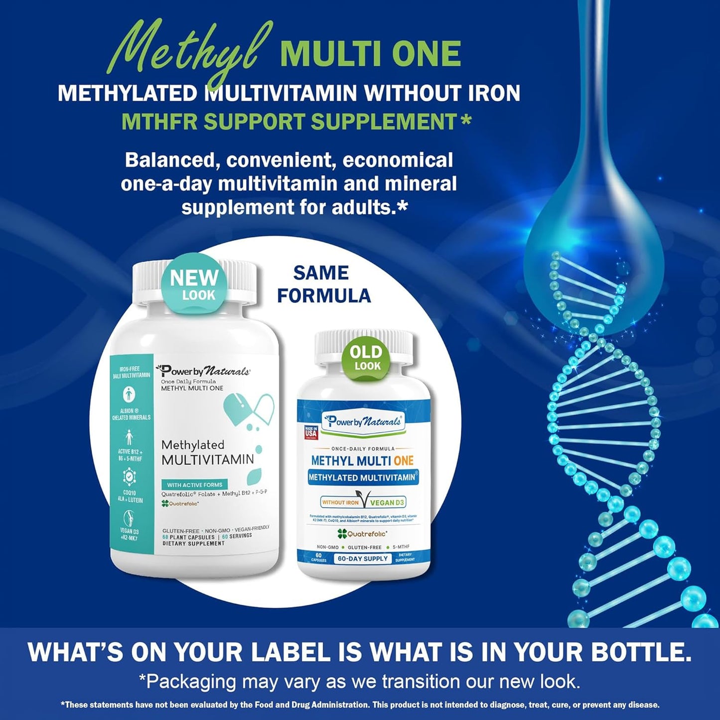 Power By Naturals Methyl Multi One – Iron-Free Methylated Multivitamin with 5-MTHF, Methyl B12 & CoQ10 – Methylation Support for Men & Women – Vegan, Non-GMO – 60 Capsules (2-Month Supply) | With 5-MTHF, Methyl B12 & CoQ10 - Methylation Daily Support for