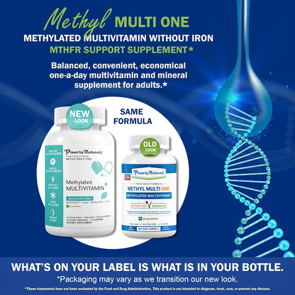Power By Naturals Methyl Multi One – Iron-Free Methylated Multivitamin with 5-MTHF, Methyl B12 & CoQ10 – Methylation Support for Men & Women – Vegan, Non-GMO – 60 Capsules (2-Month Supply) | With 5-MTHF, Methyl B12 & CoQ10 - Methylation Daily Support for