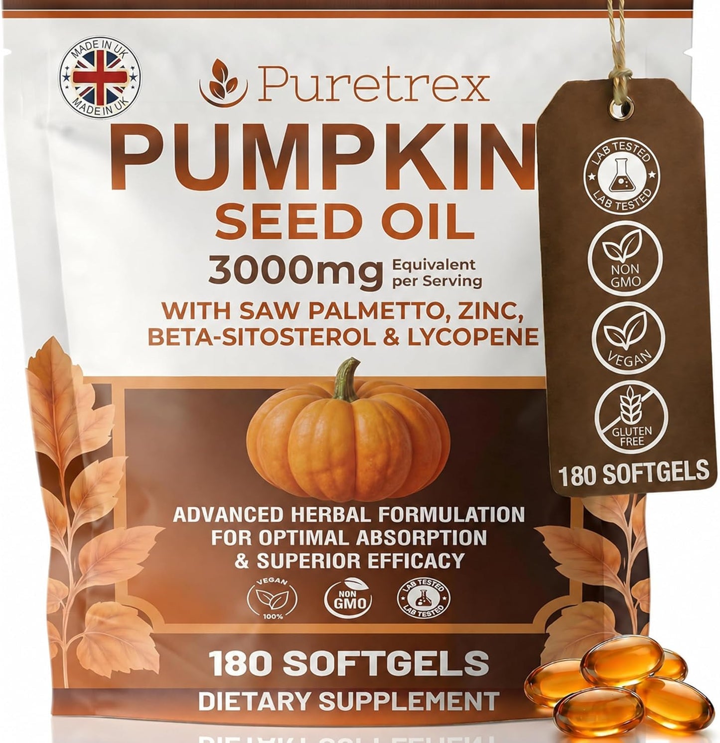 Pumpkin Seed Oil with Saw Palmetto, Beta-Sitosterol, Zinc & BioPerine® – 180 Vegan Softgels | Prostate & Hair Growth Support | DHT Blocker | Urinary & Bladder Health | Cold-Pressed