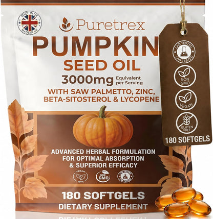 Pumpkin Seed Oil with Saw Palmetto, Beta-Sitosterol, Zinc & BioPerine® – 180 Vegan Softgels | Prostate & Hair Growth Support | DHT Blocker | Urinary & Bladder Health | Cold-Pressed