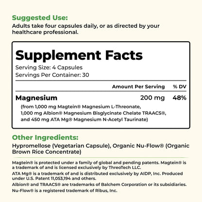 Threonix Triple Magnesium Complex - Magtein L-Threonate, Bisglycinate Chelate TRAACS & ATA Mg - Brain, Sleep, Mood & Focus Support - High Absorption, Gentle on Stomach - 120 Capsules