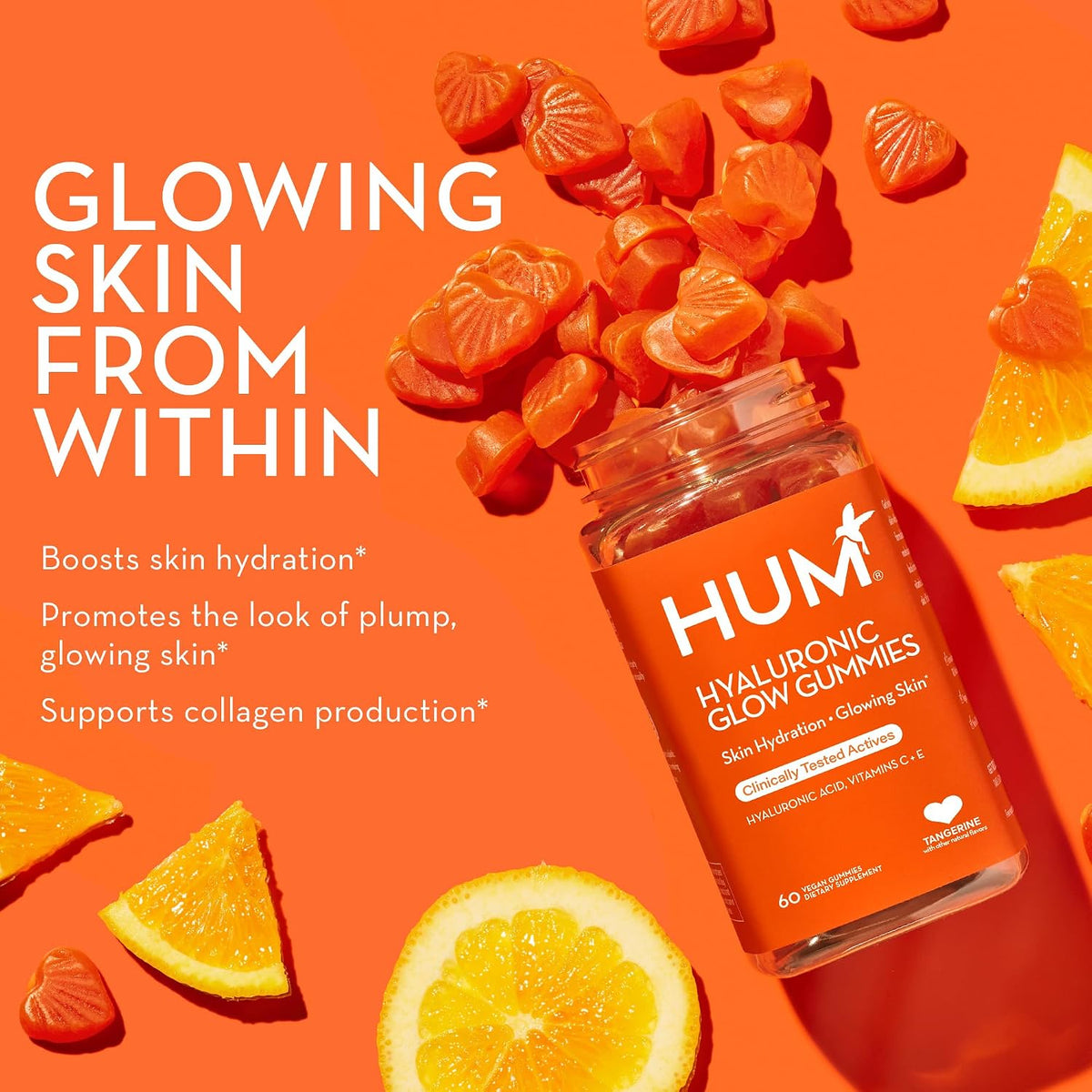 HUM Hyaluronic Glow Gummies Hyaluronic Acid, Vitamin C, Tangerine, 60 Count
