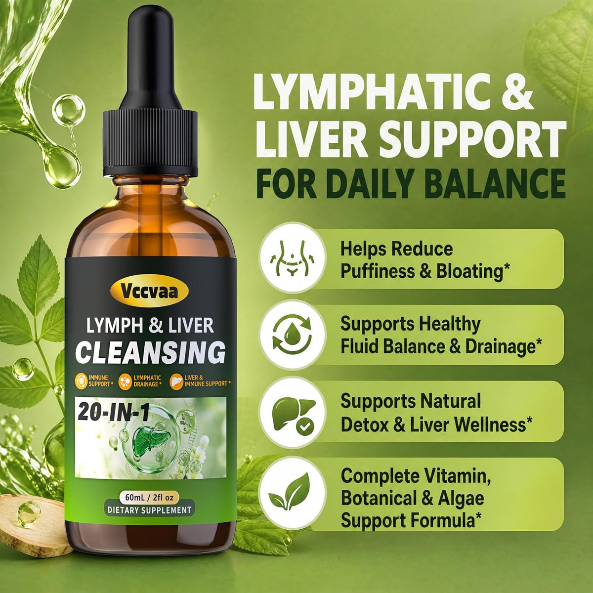 20-in-1 Liposomal Lymphatic Drainage Drops & Liver Cleanse Detox - Fast-Absorbing Lymphatic Support Liquid Drops with Milk Thistle, Dandelion, Burdock & Fucoxanthin, Raspberry, 2 Fl Oz