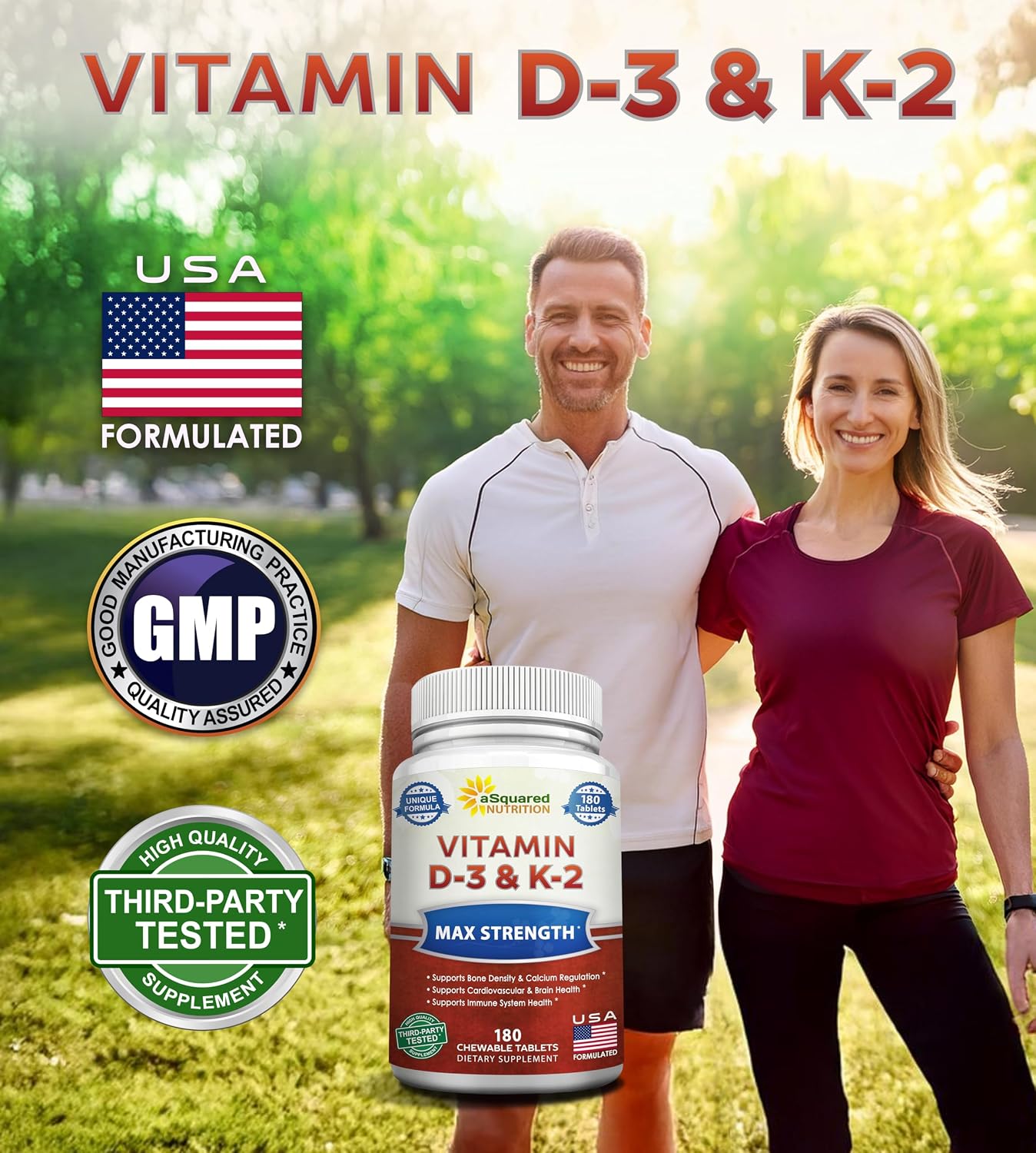 Vitamin D3 with K2 Supplement - 180 Chewable Tablets: Vit D-3 2000 IU & K-2 | Max Strength D3 K2 - Pure D-3 Cholecalciferol & K-2 MK7 to Support Healthy Bones, Teeth, Heart - Antioxidant Energy Formula
