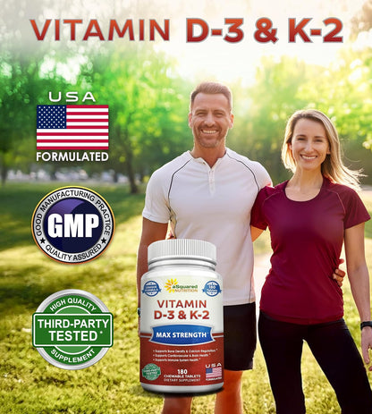 Vitamin D3 with K2 Supplement - 180 Chewable Tablets: Vit D-3 2000 IU & K-2 | Max Strength D3 K2 - Pure D-3 Cholecalciferol & K-2 MK7 to Support Healthy Bones, Teeth, Heart - Antioxidant Energy Formula