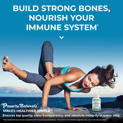 Power By Naturals ADK 10 Vitamin Supplement – Vitamins A, D3 & K2 MK-7 for Bone, Heart & Immune Health – Gluten-Free, Soy-Free – 90 Capsules (3-Month Supply)