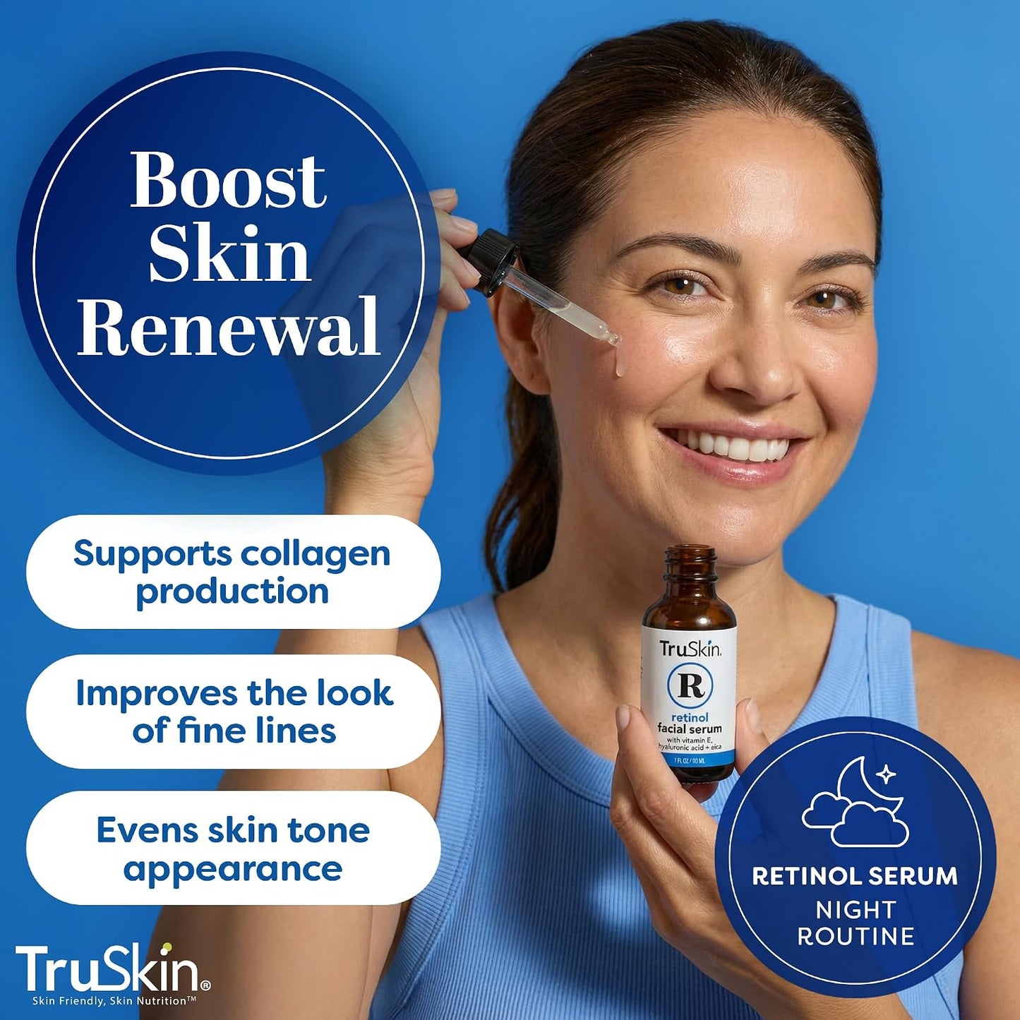 TruSkin Retinol Serum for Face with Hyaluronic Acid & Cica, 1 fl oz | Gentle overnight retinoid serum with Vitamin E helps visibly smooth fine lines, refines skin texture for renewed-looking skin