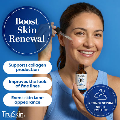 TruSkin Retinol Serum for Face with Hyaluronic Acid & Cica, 1 fl oz | Gentle overnight retinoid serum with Vitamin E helps visibly smooth fine lines, refines skin texture for renewed-looking skin