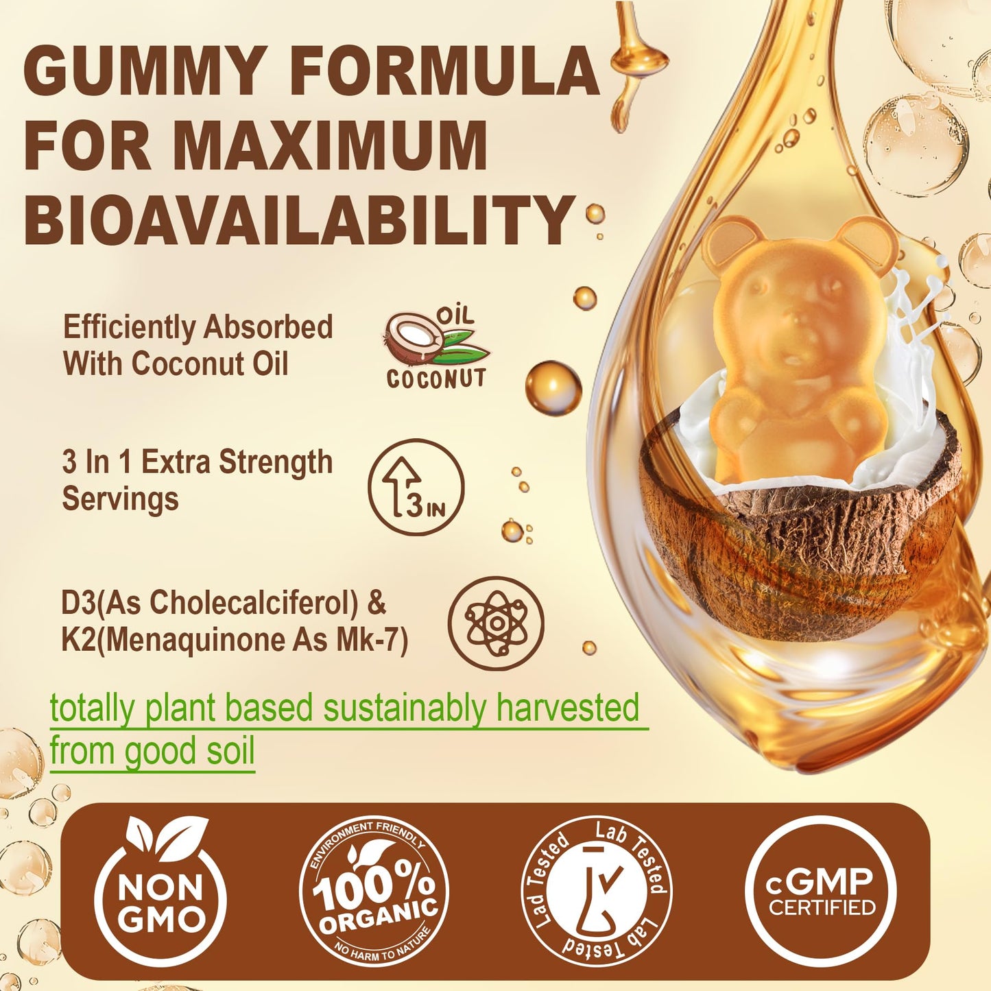 Vitamin D3 K2 Gummies - Vitamin D3 5000iu & K2 Vitamin 200mcg + Calcium 600mg for Adults & GLP-1 Friendly, with Coconut Oil for High Absorption, Support for Bone Muscle Teeth Immune, Vegan 120Count