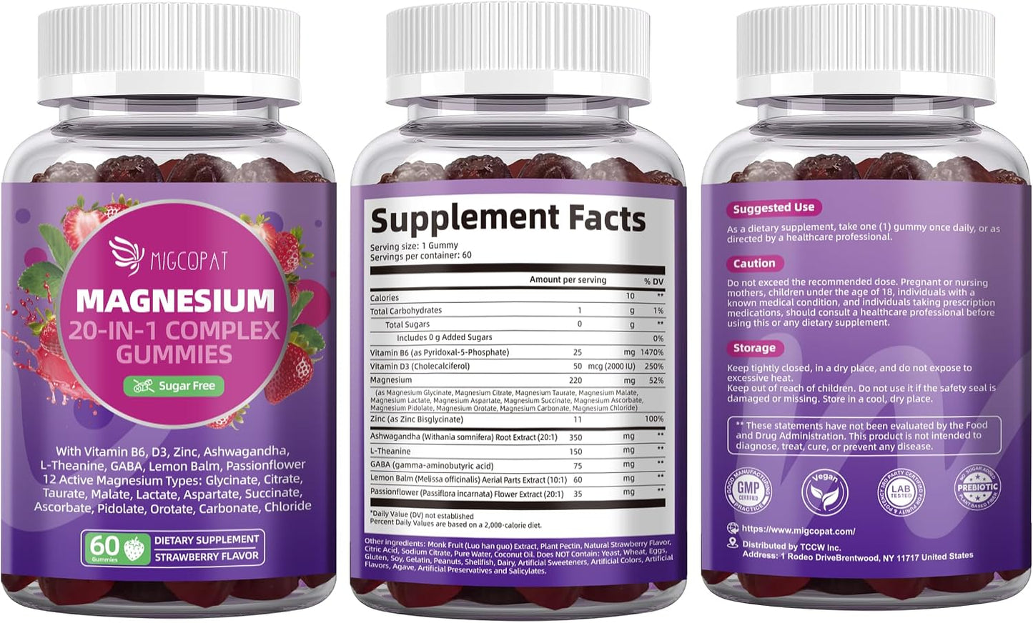Migcopat Magnesium Complex 20 in 1 Magnesium Gummies with Glycinate Citrate Malate Taurate - Ashwagandha, L-Theanine, D3&Zinc for Relaxation, Sleep, Muscle&Heart Support, Strawberry, 60 Cts
