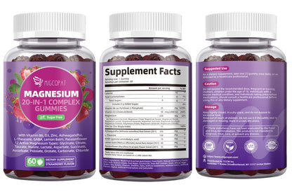 Migcopat Magnesium Complex 20 in 1 Magnesium Gummies with Glycinate Citrate Malate Taurate - Ashwagandha, L-Theanine, D3&Zinc for Relaxation, Sleep, Muscle&Heart Support, Strawberry, 60 Cts