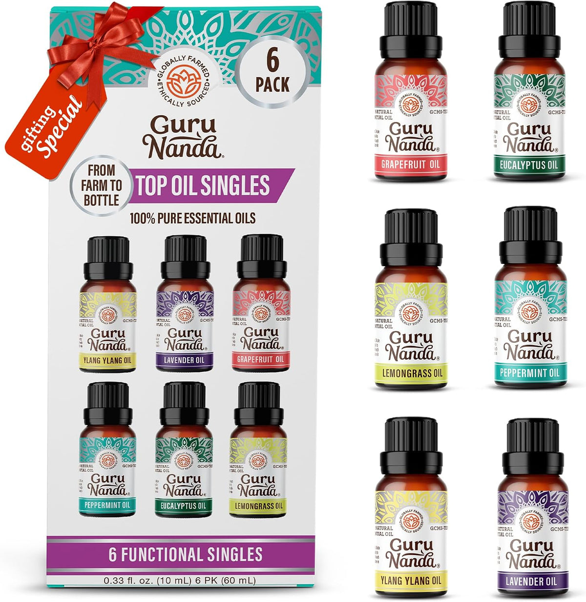 GuruNanda Essential Oils Set – 6 Pack (10mL Each), Lavender, Peppermint, Eucalyptus, Lemongrass, Grapefruit & Ylang Ylang, 100% Natural Aromatherapy Oils for Diffuser, Massage & DIY Candle Making