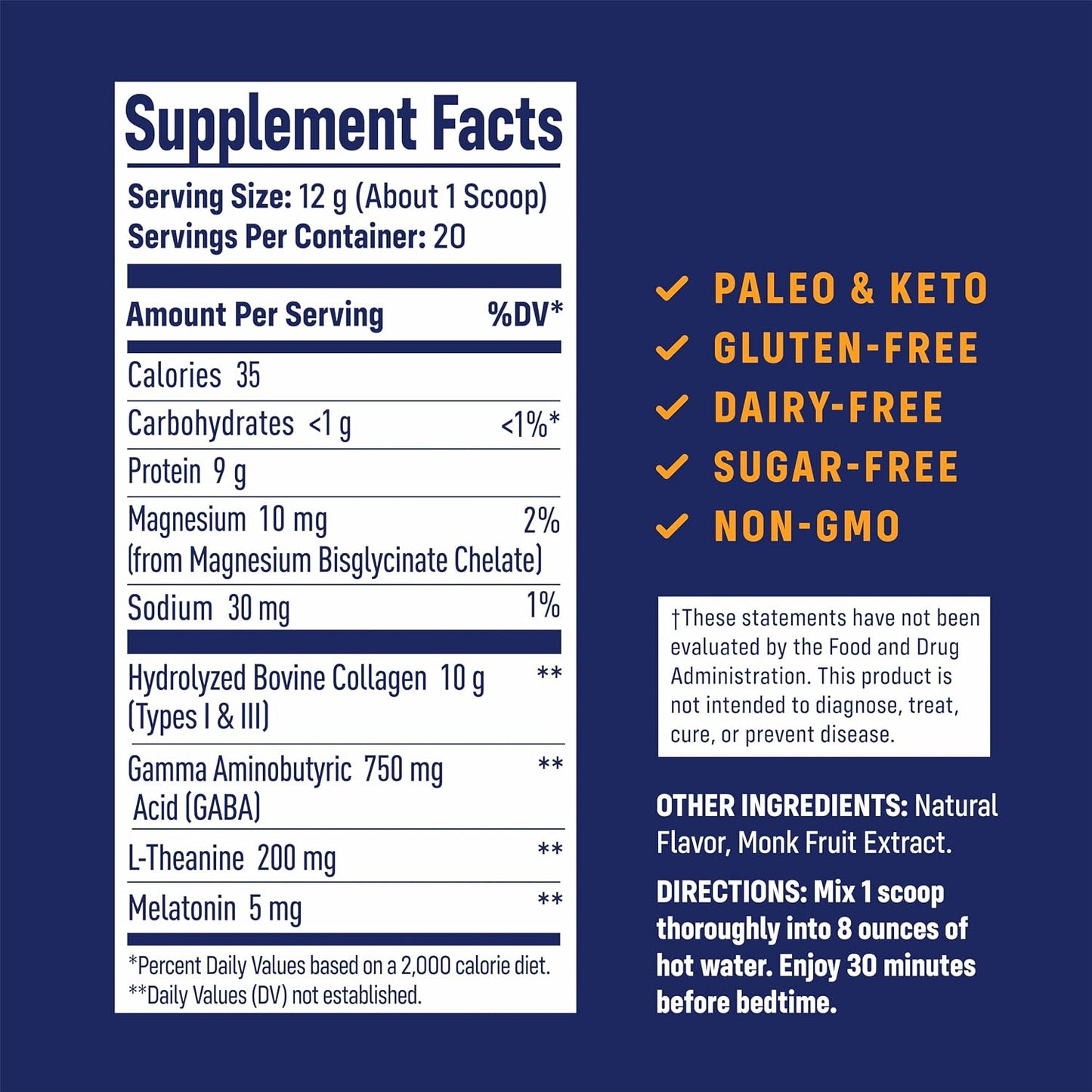 NativePath Collagen PM Honey Chamomile with Melatonin, 20 Servings | Grass-Fed Peptides, Magnesium, GABA & L-Theanine, Supports Restful Sleep, Skin & Hair, No Added Sugar