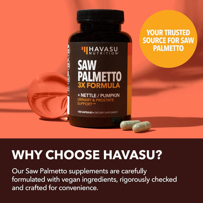 Saw Palmetto for Men, DHT Blocker and Prostate Health Supplement, 120 Count | Potent 3X Formula with Pumpkin Seed Oil and Stinging Nettle, Bladder and Urinary Support, Vegan, Non-GMO, 2-Month Supply