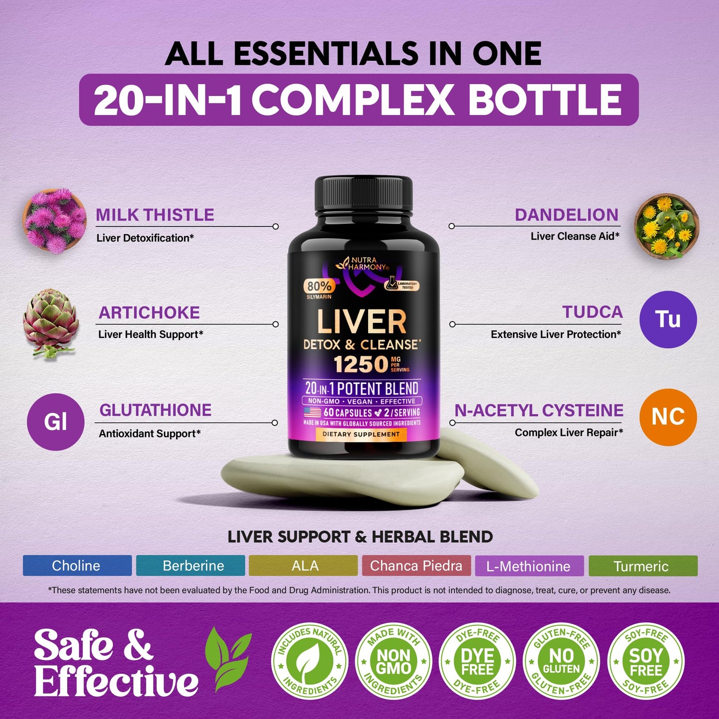 Liver Cleanse & Detox 1250 mg - Milk Thistle 80 % Silymarin | Dandelion | Artichoke | TUDCA | Glutathione & NAC - Liver Health & Bile Production Support - Lab Tested, Vegan - Made in USA - 60 Capsules
