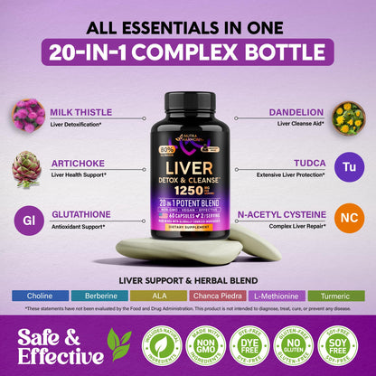 Liver Cleanse & Detox 1250 mg - Milk Thistle 80 % Silymarin | Dandelion | Artichoke | TUDCA | Glutathione & NAC - Liver Health & Bile Production Support - Lab Tested, Vegan - Made in USA - 60 Capsules