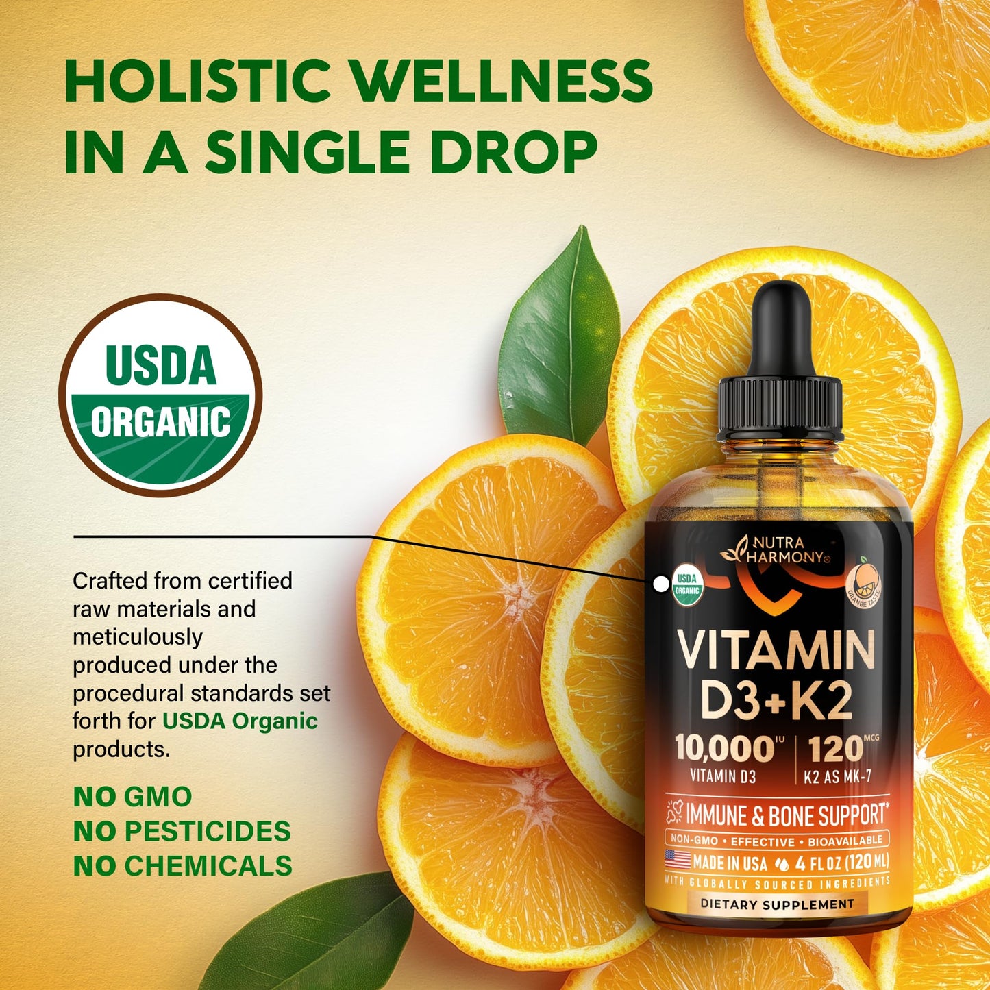Vitamin D3 K2 USDA Organic Drops - Vitamin D3 10000 IU & K2 as MK-7 120mcg - Immune & Mood Support, Bone & Teeth Health - Sugar-Free, Orange Flavor - Liquid Supplement - 2 FL OZ, 60 Day Supply