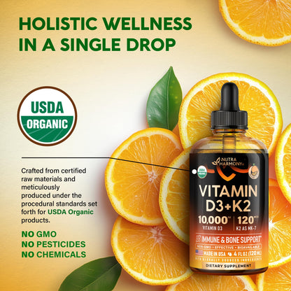 Vitamin D3 K2 USDA Organic Drops - Vitamin D3 10000 IU & K2 as MK-7 120mcg - Immune & Mood Support, Bone & Teeth Health - Sugar-Free, Orange Flavor - Liquid Supplement - 2 FL OZ, 60 Day Supply