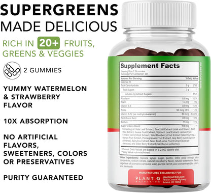 SuperGreens Gummies | Daily Greens Superfood with Fruits, Vegetables & Vitamins to Boost Immunity, Cognitive & Gut Health | Watermelon & Strawberry Flavor | 60 Super Gummies
