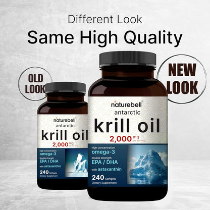 NatureBell Antarctic Krill Oil 2000mg Supplement, 240 Softgels, 3X Strength Natural Source of Omega-3s, EPA 240mg + DHA 160mg + Astaxanthin 800mcg – No Fishy Aftertaste – Mercury Free & Non-GMO