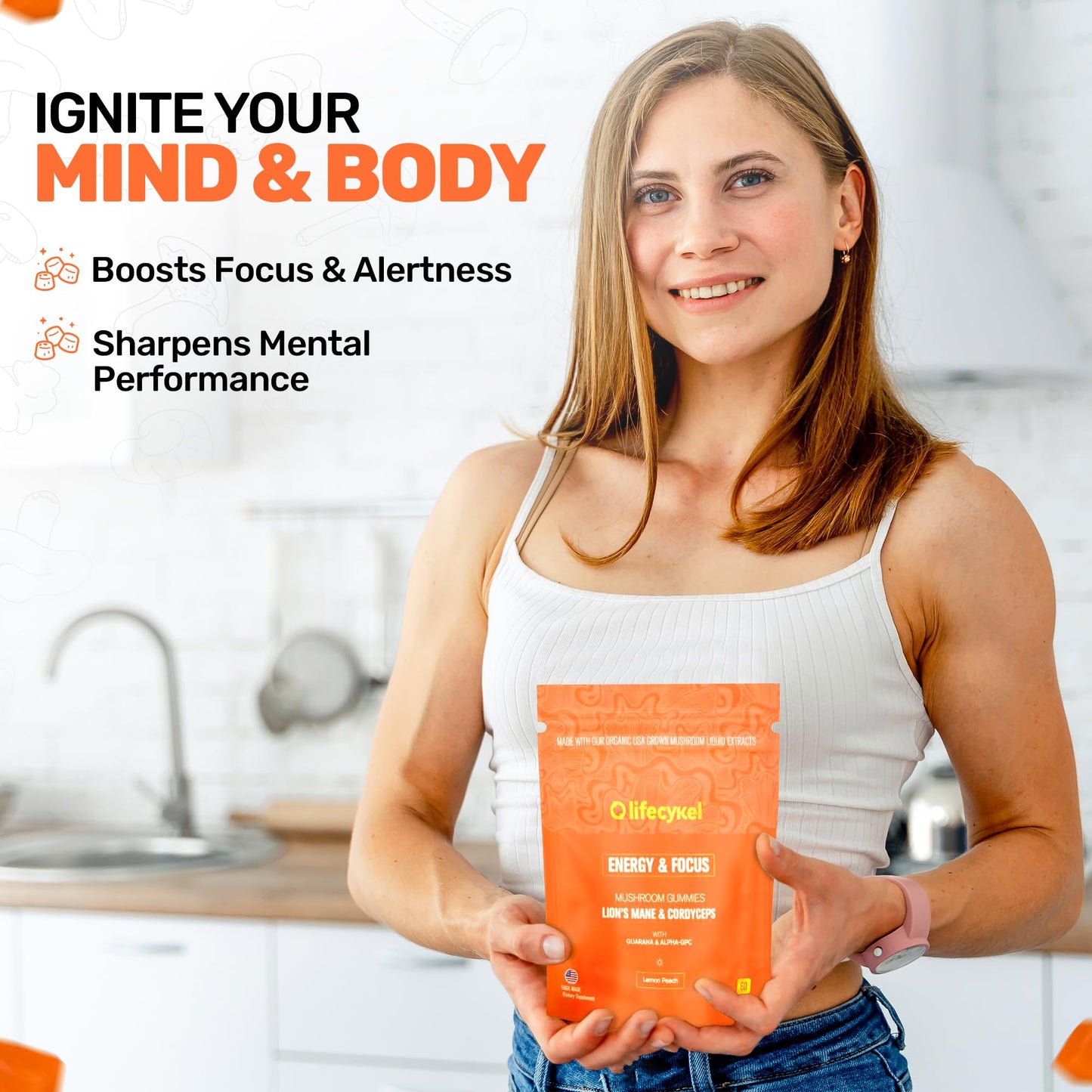 Life Cykel - AM Energy and Focus Mushroom Gummies, 60 Count - Organic Lion's Mane Gummies with Cordyceps, Guarana & Alpha GPC for Mental Clarity, Natural Energy, Endurance & Focus - Lemon Peach Flavor