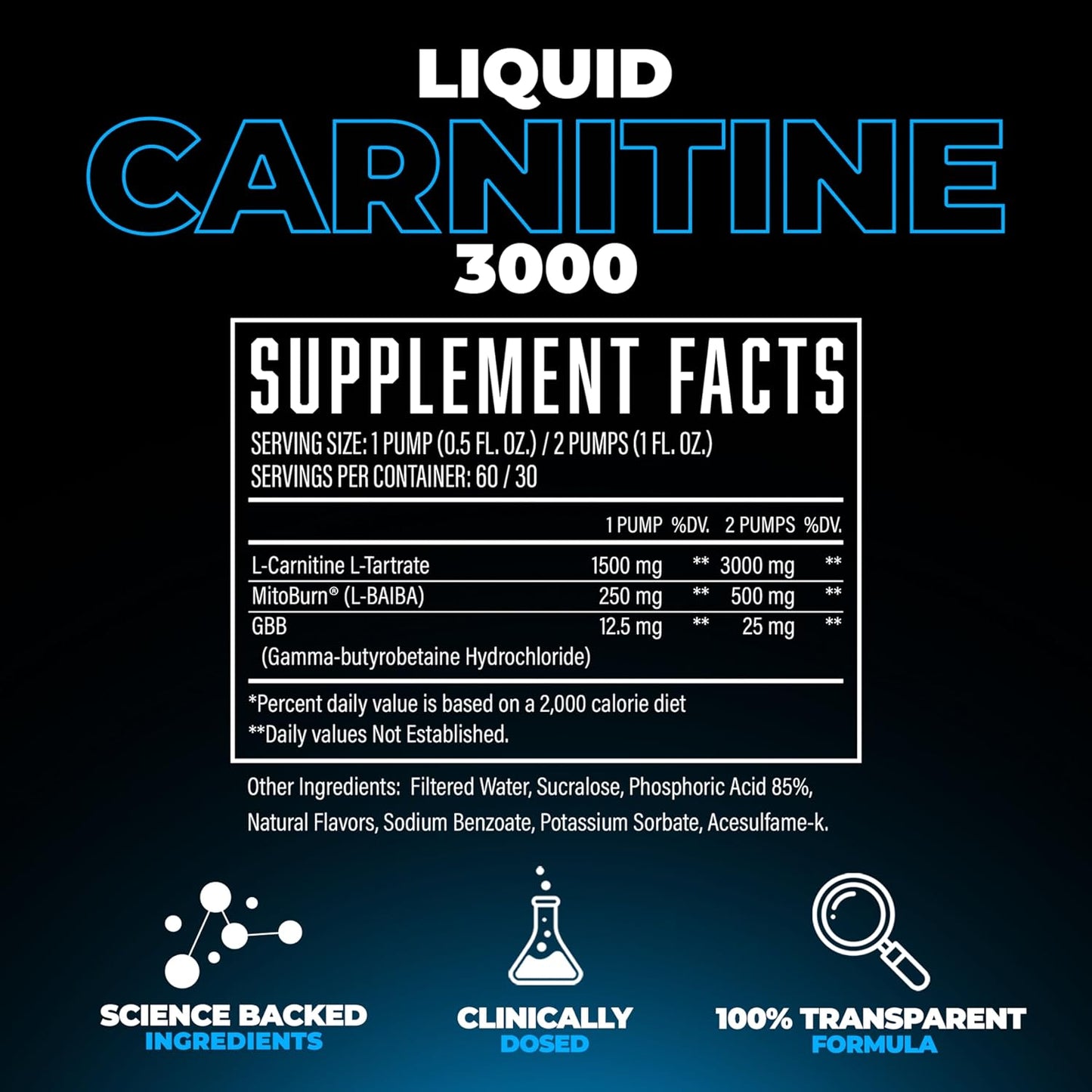Huge Supplements Liquid L-Carnitine 3000, Superior Potency Infused with 500mg MitoBurn & 25mg GBB, Premium Stim-Free & Energy Boost, Convenient Pump Top, 32 Oz (60 Servings)
