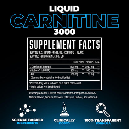 Huge Supplements Liquid L-Carnitine 3000, Superior Potency Infused with 500mg MitoBurn & 25mg GBB, Premium Stim-Free & Energy Boost, Convenient Pump Top, 32 Oz (60 Servings)