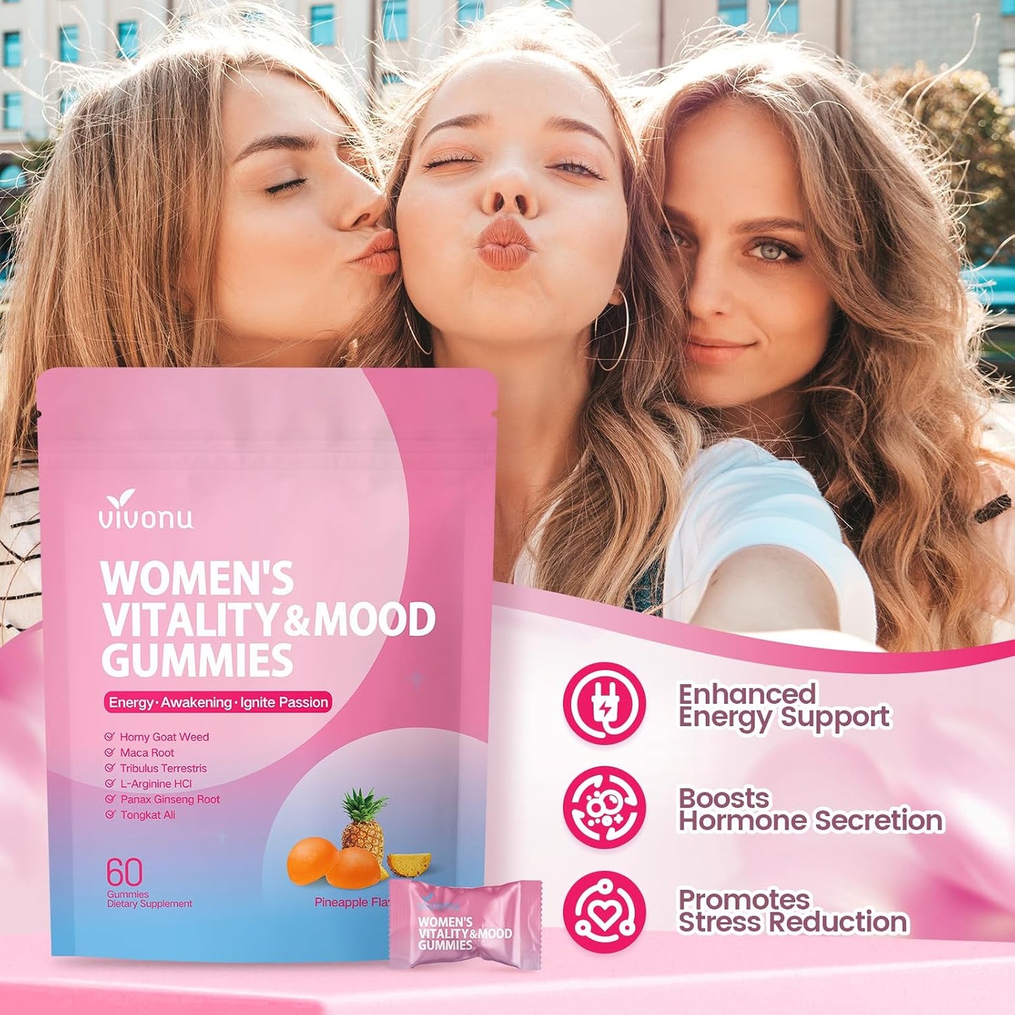 VivoNu Women Mood Gummies, Pineapple Flavor,Vegan,Non-GMO&Sugar-Free,60 Count