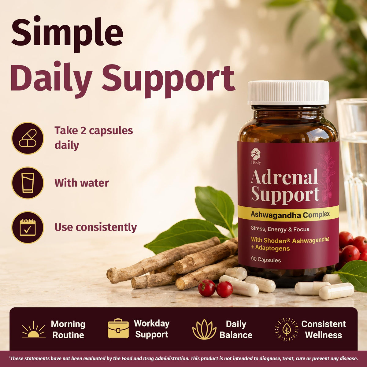 1 Body Adrenal Support Supplement, Shoden Ashwagandha + Cortisol, 60 Caps