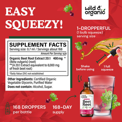 Wild & Organic Beet Root Extract Drops - Energy Support - Liquid Red Beets Supplements - 400 mg per Serving - Mix with Powder - Vegan, Sugar & Alcohol - 4 fl oz