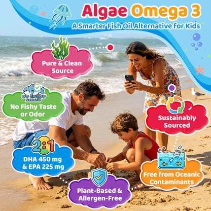Kids Omega 3 Gummies + Calcium 400mg + Vitamin D3 K2 + C, Omega-3 DHA & EPA Supplement - No Fish Burps, No Sugar - Kids & Teens Omega 3 + Multivitamin Gummy for Strong Bones, Brain, Immune, Eye, 2Pack